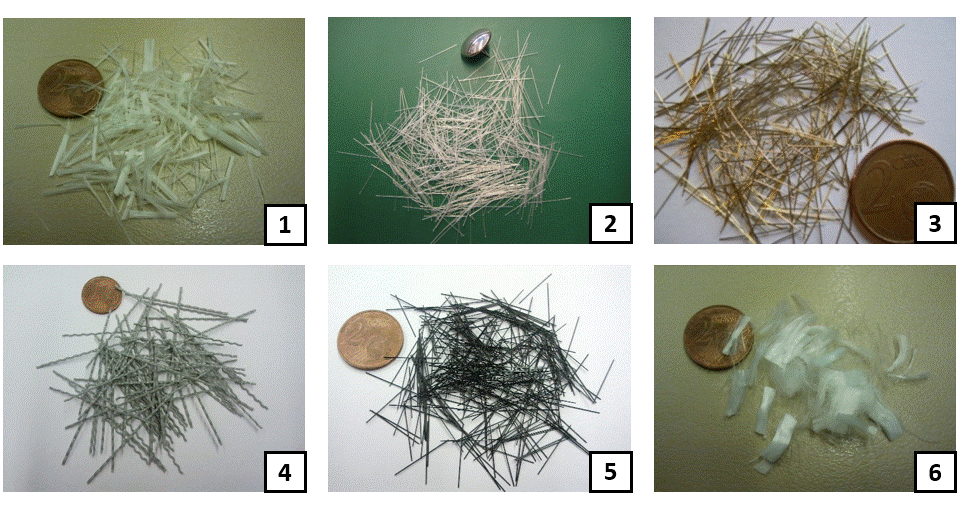 Diferentes tipos de fibras que pueden incorporarse al hormigón. 1. Fibra de vidrio; 2. PVA (alcohol de polivinilo); 3. Acero; 4 y 5. PE / PP (poliolefina); 6. Polipropileno