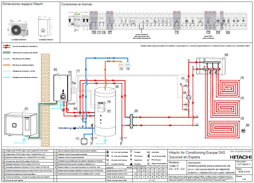 Sistema partido para producción de ACS. Acumulación en depósito externo y calefacción por tierra radiante.