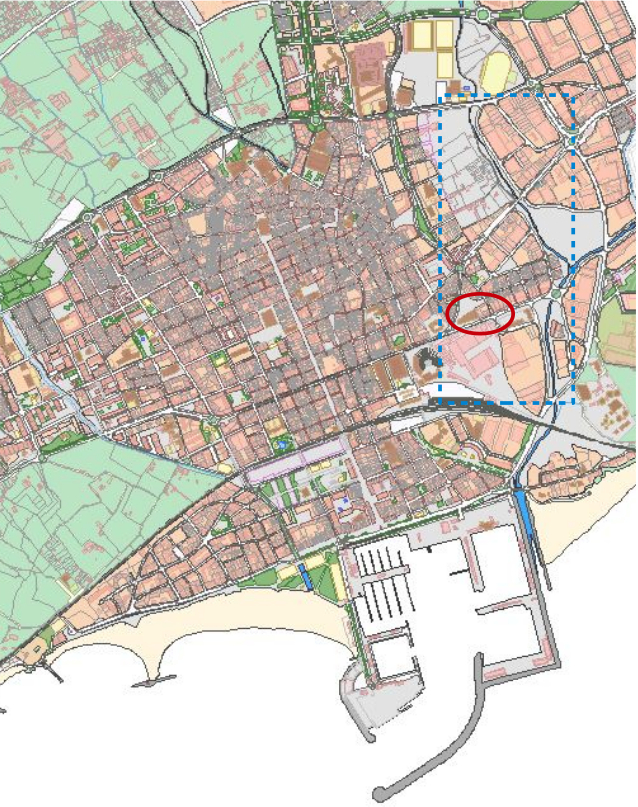 Plànol de part de Vilanova i la Geltrú amb la situació de Neàpolis i de l'àrea d'estudi. 