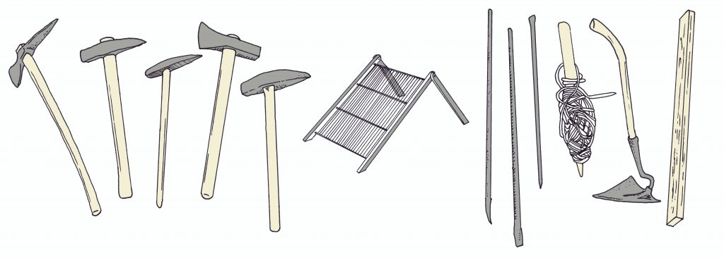 Azada pedernal, martillos de punta de la sierra de Tramuntana, y martillo de punta de Llucmajor. Martillo de corte, martillo de punta gordo, purgadores, Perpal, palanqueta, mancuerna, ginyola, azadón y regla.